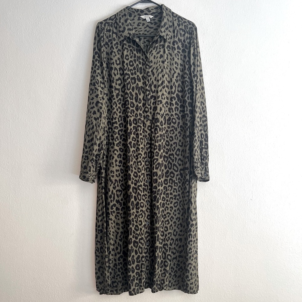 Lucky Brand Olive Green and Black Leopard Print Long Sleeve Dress